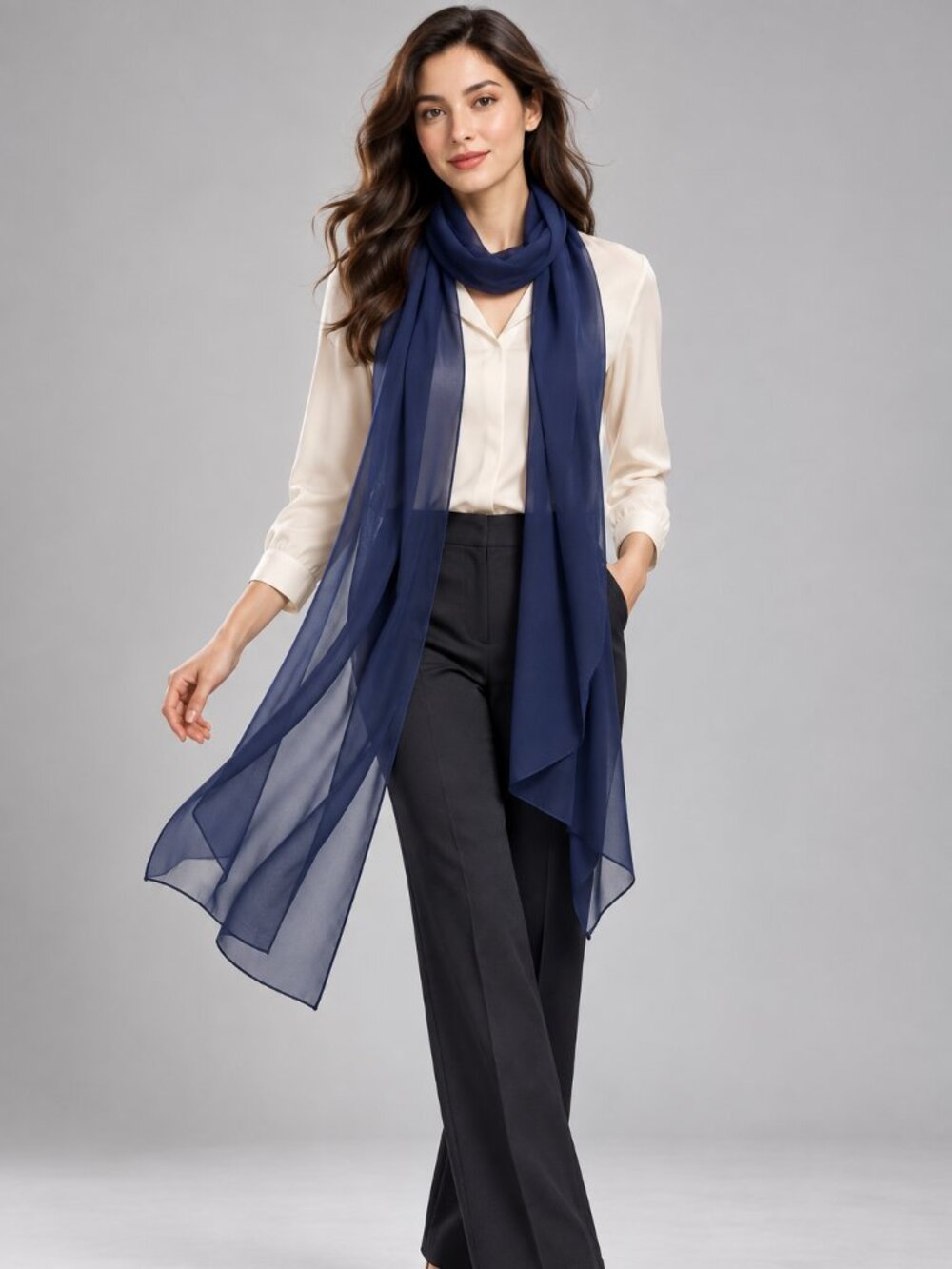 Navy Blue Sheer Chiffon Scarf 12x117"